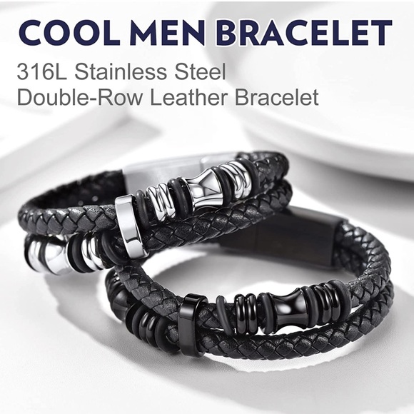 bandmax Double Row Black Braided Leather Wristband Beaded Layer Leather Cord - Picture 3 of 6